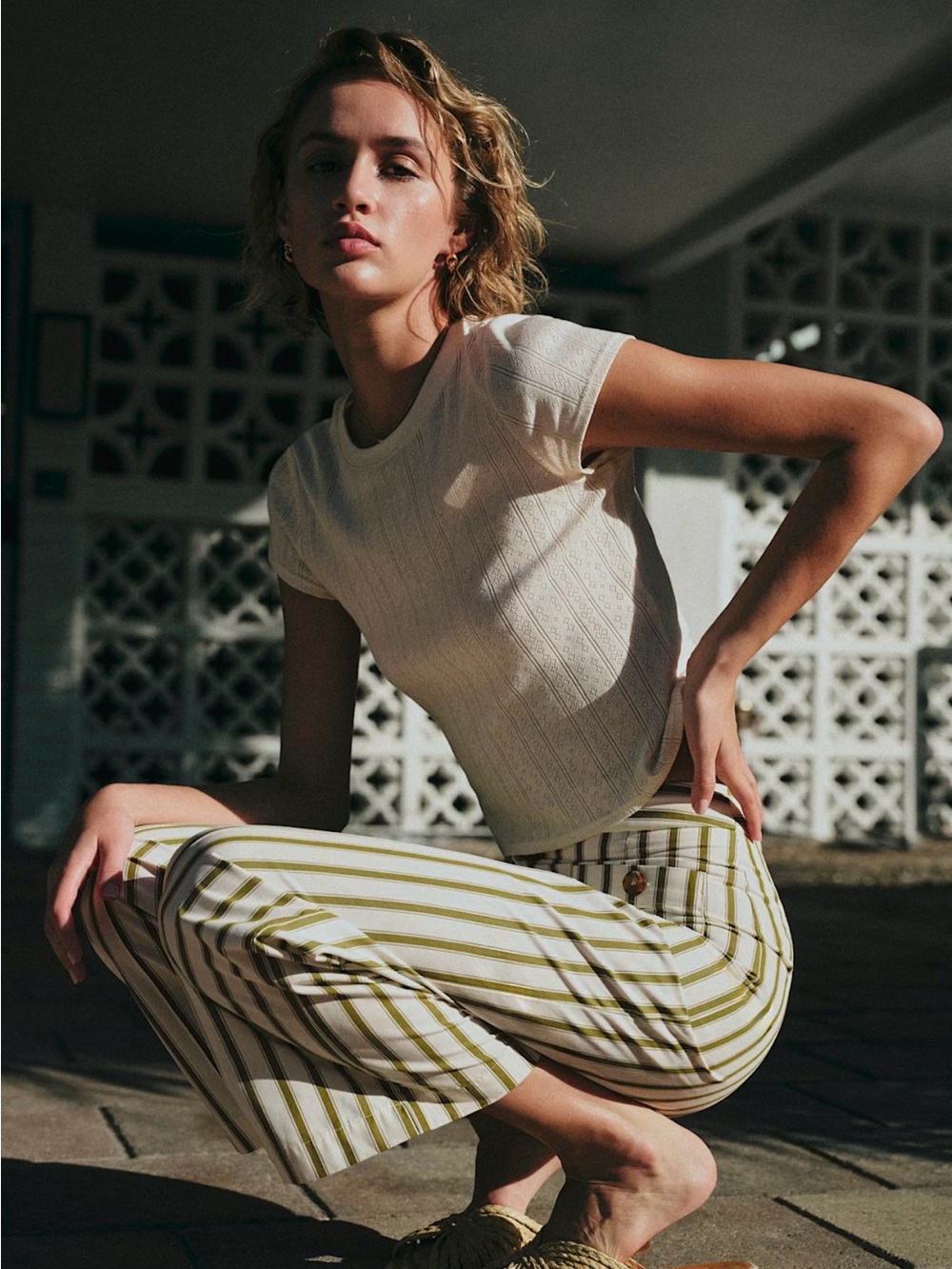 Sezane Emilio Trousers Ecru Khaki Stripes - Size 6